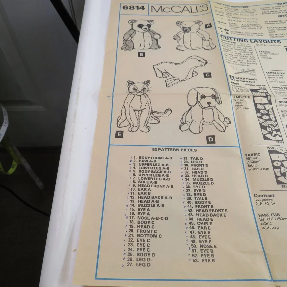 McCalls 6814 Vintage Stuffed Animals (complete) Sewing Pattern